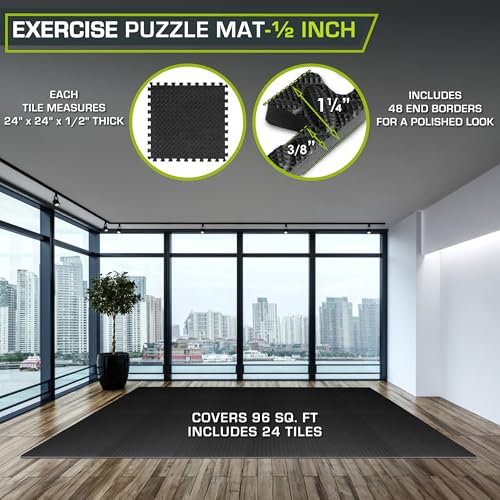 Image of ProsourceFit Exercise Puzzle Mat 1 /2-inch, EVA Interlocking Foam Floor Tiles for Home Gym, Workout Equipment, Kids Play Areas, Black, 96 SQ FT - 24 Tiles