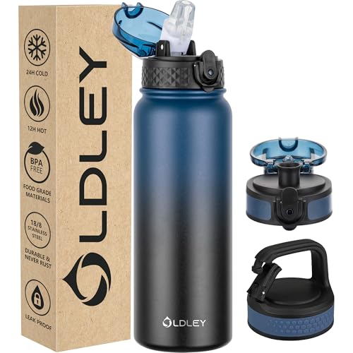 Oldley Botella de Agua Aislada 20oz Botellas con Pajilla, Botella de Acero Inoxidable con 3 Tapas, Botellas de Pared Doble al Vacío para Adultos y Niños, Botellas Deportivas para Escuela y Viaje, Azul-negro miniatura 1