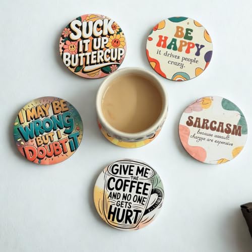 Image of Zesta Coasters for Cups Set of 6 / Wooden Coasters for Bar Accessories for Home /Tea Coaster Set of 6 / Waterproof Dining Table Decor Glass Cover (Sarcastic, Circle)