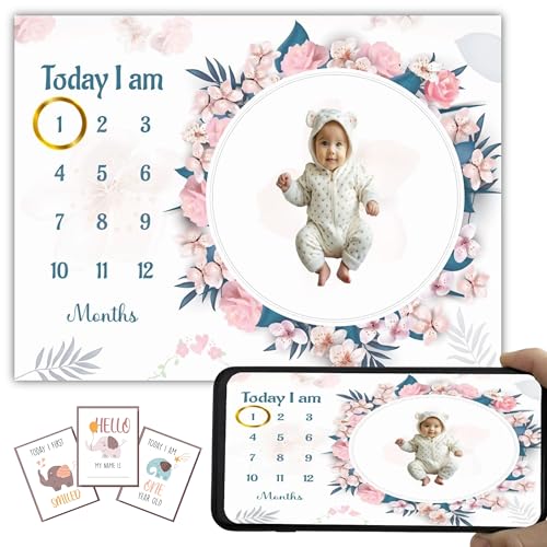 Image of Baby Monthly Milestone Blanket | 1-12 Months | Soft All-Season AC Blanket | Ideal for Newborn Boys & Girls | Perfect Growth Tracker & Photoshoot Prop with Blossom Theme | 120x90 cm