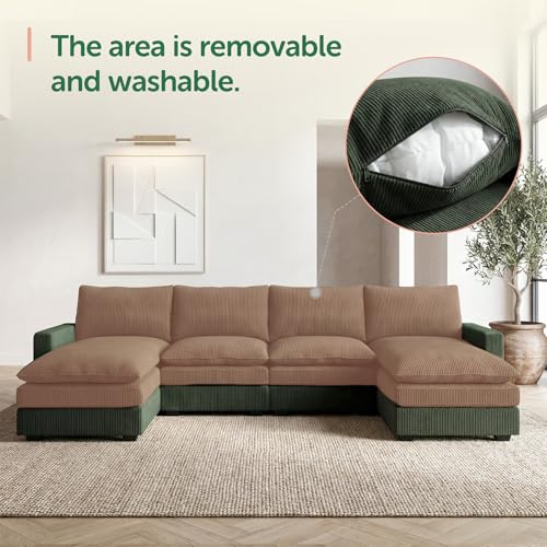 Image of HONBAY 127.2 Inch Corduroy Cloud Modular Sectional Sofa with Chaise, Deep Seat U-Shaped Couch with Storage for Living Room, Apartment, Small Space,Green