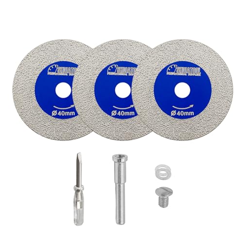 SHDIATOOL Diamond Glass Cutting Disc, 3pcs 40mm Mini Diamond Saw Blades with 1pc 6mm Shank for Tile Ceramic Porcelain Marble Granite Artificial Stone on Drill Machine Pack of 3