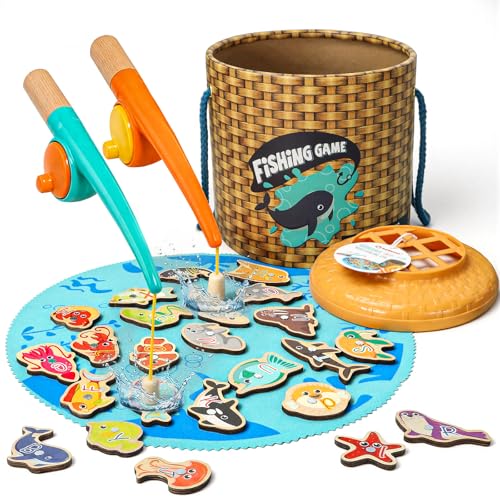 TOP BRIGHT Montessori Toddler Fishing Game - Kids Wooden Magnetic Fishing Toys Gifts for 3 Years Old Girls Boys Fine Motor Skills for Toddler