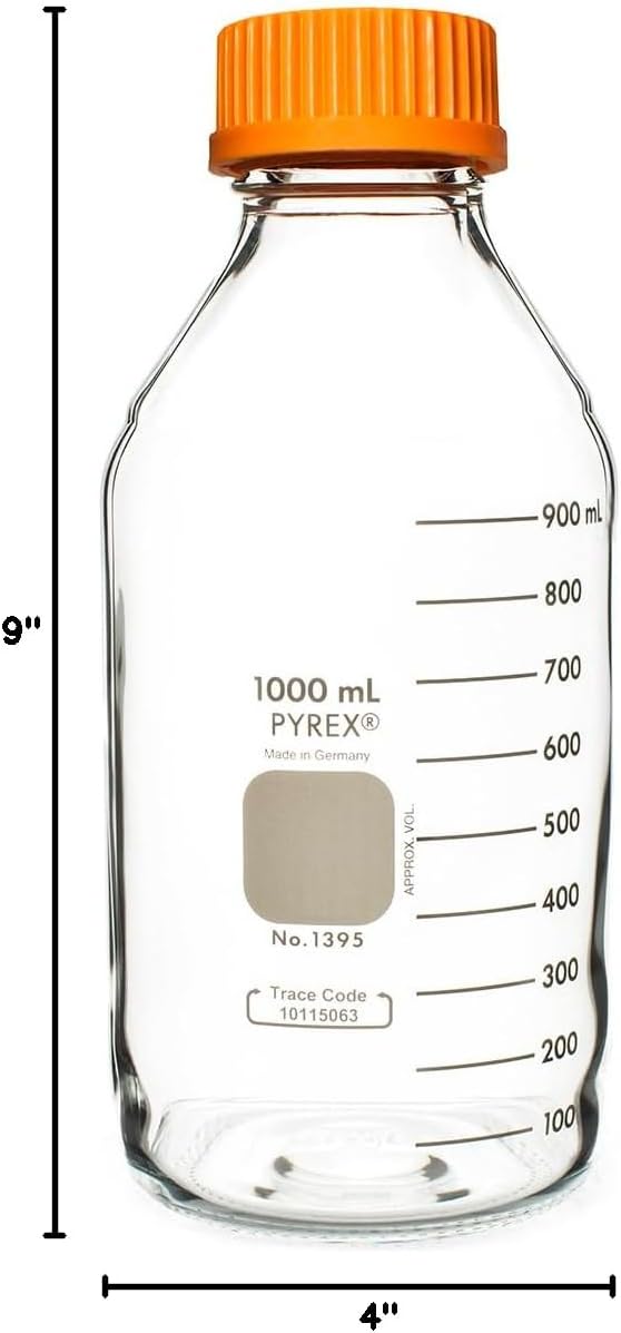 Pyrex Corning 1395-1L, 1000ml Round Media Storage Bottle, with GL45 Screw Cap (Case of 10)