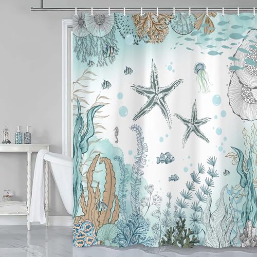 Image of Starfish Shower Curtain, Nautical Sea Animals Summer Shower Curtains for Kids, Teal Blue Ocean Beach Coastal Decorative Bathroom Curtain Sets Waterproof Fabric Machine Washable with Hooks