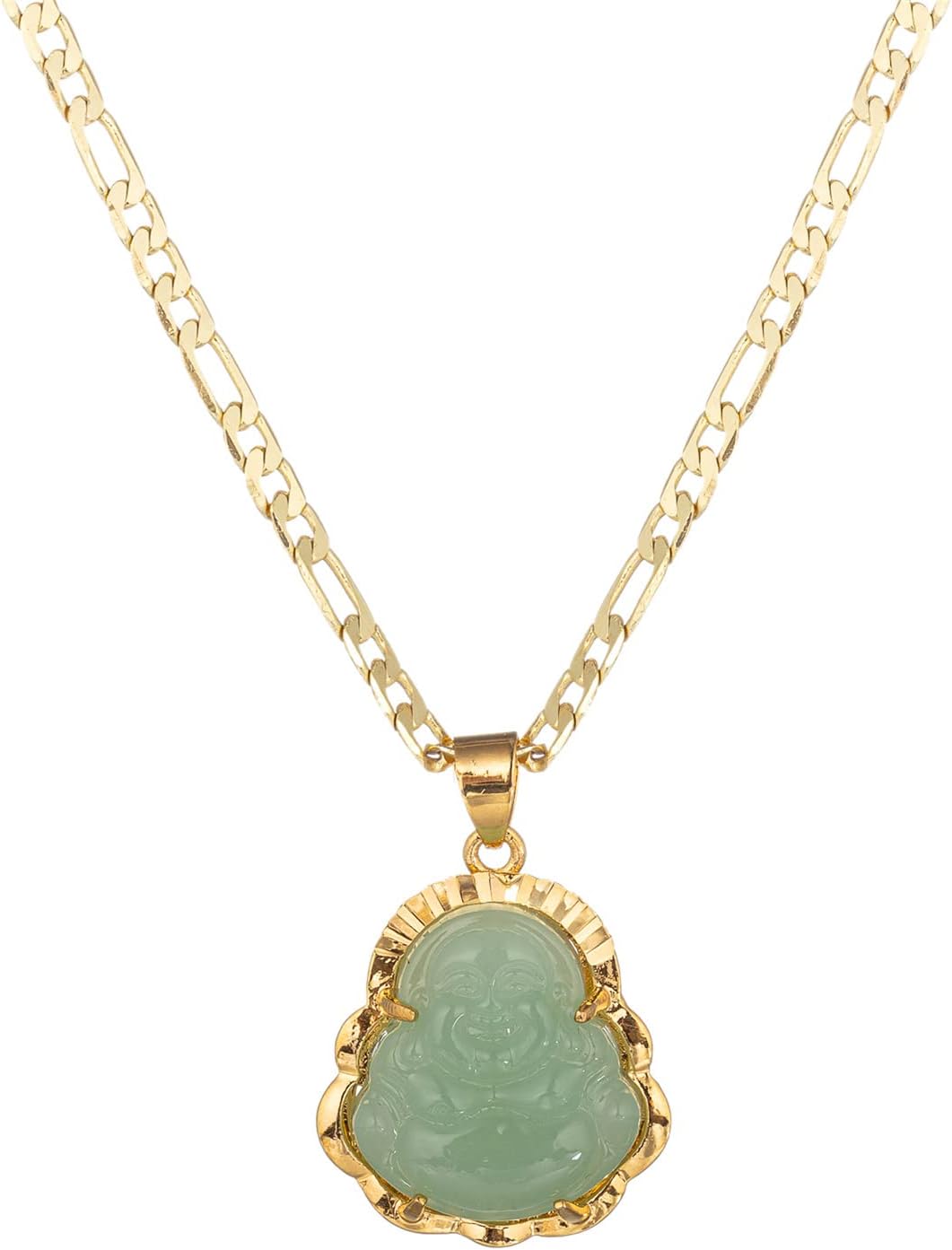 14K Gold Plated Buddha Pendant Necklace for Women Men 3MM Flat Figaro Chain Necklace Blue Green Pink White Yellow Buddha Head