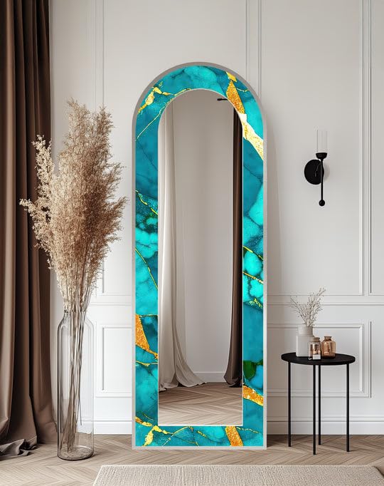 Specchio da pavimento in marmo con venature dorate oceaniche da 63,5 x 160 cm (larghezza x altezza), specchio da pavimento con cornice nera e cornice nera