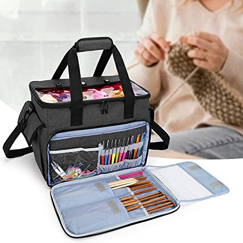 Curmio Knitting Bag, Yarn Storage Tote With Compartments For Knitting Needles, Crochet Hooks, Knitting Project And Accessories, Bag Only, Black #TOP7