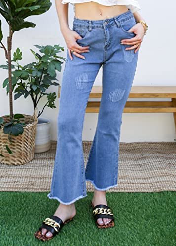 Anna-Kaci Women's Classic Distressed Flared Jeans Destroyed Bell Bottom Denim Pants4