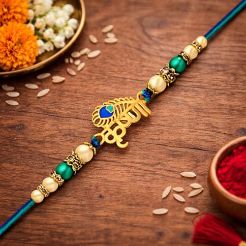 Image of Riddhika Ventures Glorious Gold Plated Auspicious Diamond Ring Rakhi with Roli Chawal and Greeting Card