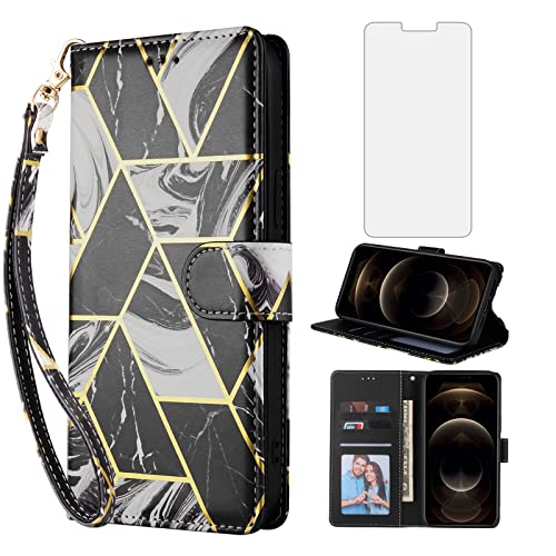 Compatible with iPhone 12 Pro Max 6.7 Wallet Case and Tempered Glass Screen Protector Leather Flip Card Holder Phone Cover for iPhone12promax 5G i 12s Plus iPhone12 12pro Promax Women Men Black