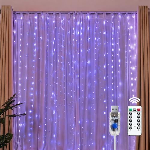 Brightown 300 LED Purple Fairy Curtain Lights, 9.8ft x 9.8ft String Lights, USB Plug in 8 Lighting Modes Christmas String Hanging Lights with Remote for Bedroom Indoor Outdoor Party Xmas Purple 1 Pack