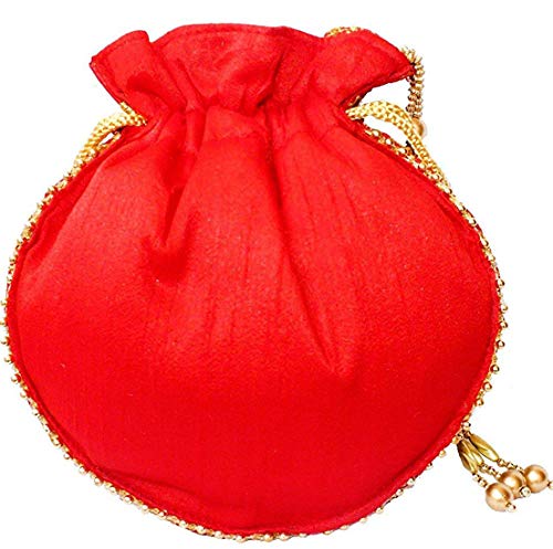 Cloudreteil Avanti Creation Women's Silk Embroidered Potli Bag with Metal Beadwork and Pearl Drawstrings Red - Image 3