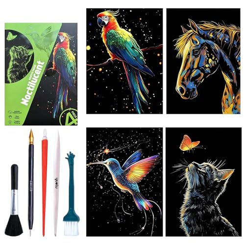 NANASUGUR Kratzkunst, 4-teiliges Leuchtendes Regenbogen-Kratznotizen-Set mit Spezialwerkzeugen Kratzbilder Kratzbild Kratzbuch Kratzpapier, Kreative Bastelmaterialien