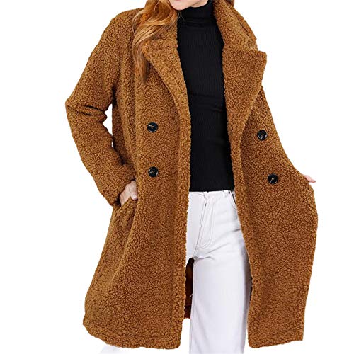Long Sleeve Faux Fur Fuzzy Teddy Double Breasted Lapel Long Coat Warm Outwear Jacket with Pockets (Camel, Medium)