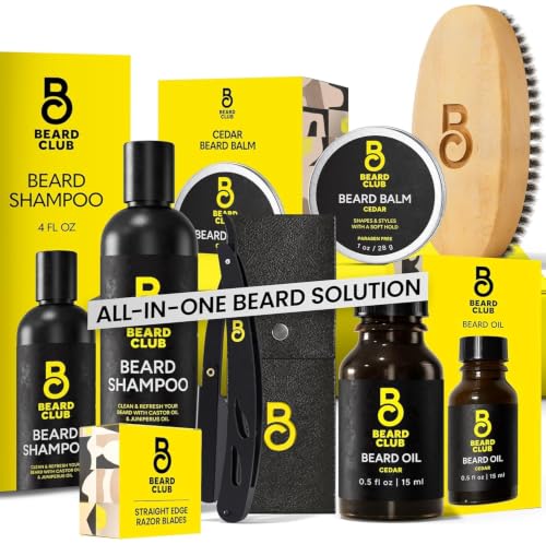 Image of The Beard Club Beard Care Kit & Mens Grooming Kit - Essentials for a Healthier Looking, Stylish Facial Hair - Straight Edge Razor, Shampoo, Cedar Balm & Oil, and Boar Bristle Brush