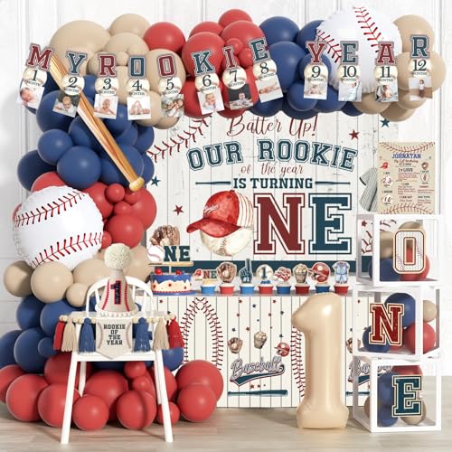 Hombae Rookie Year 1st Birthday Decorations Baseball First Birthday Decor Party Supplies with Balloons Boxes Highchair & Photo Banners Crown Cake Cupcake Toppers Tablecloth Backdrop Poster