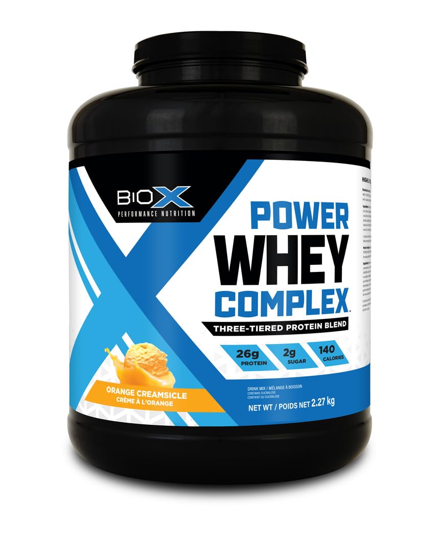 BioX Power Whey Complex | Proteína de suero 100 % pura en polvo, alta en proteínas | 26 g de proteína con concentrado de suero, aislado de suero e hidrolizado | 65 porciones, 2.2 kg (palito cremoso de naranja)