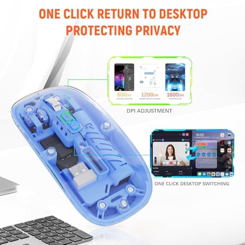 Image of Verilux Transparent Wireless Mouse Rechargeable, 2.4G & 5.1 Bluetooth Mouse for Laptop [Battery Level Visible], 1600DPI Ergonomic Silent for Laptop Wireless, Mac PC iPad Windows iOS, Blue