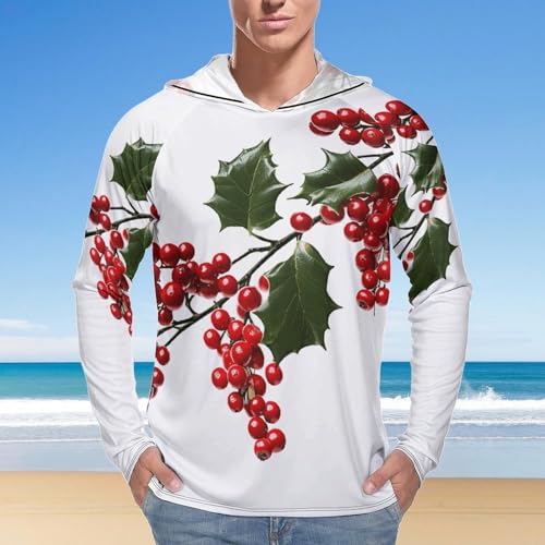 Men's Sun Shirts UPF 50+ Rash Guard Long Sleeve Sun Protection Hoodie Holly Berry Branches Lightweight Shirt 2XL 7