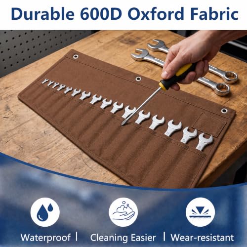 Image of Wrench Roll Up Pouch,16-Pocket Heavy Duty Roll Up Tool Bag,Sturdy Waterproof Oxford Fabric with 3 Rings for Wrenches,Screwdrivers,Hand Tools Storage,Portable Wrench Organizer for Mechanics(Brown)