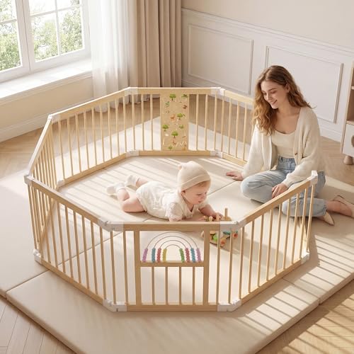 BLEKOO Parque infantil bebé con centro de juegos – 140 x 140 cm Parque de bebé plegable | Parque de madera ajustable con juguetes y puerta (8 piezas)