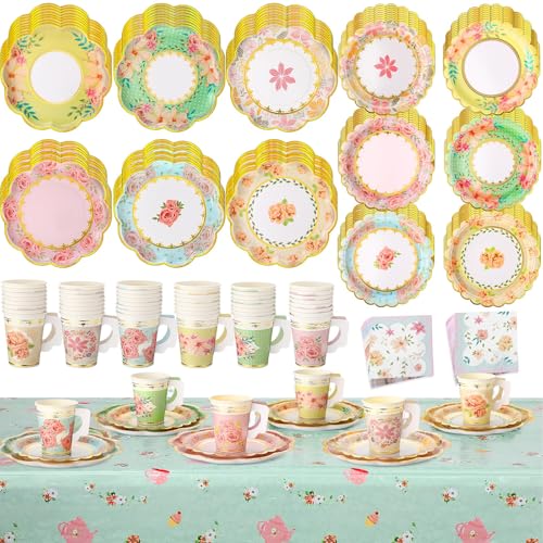 Yungyan 193 Pcs 48 Guests Tea Birthday Party Supplies Disposable Tableware Set 9 oz Paper Tea Cups with Handle, 7' 9' Paper Plates, Napkins, Tablecloth for Floral Party Wedding Baby Shower