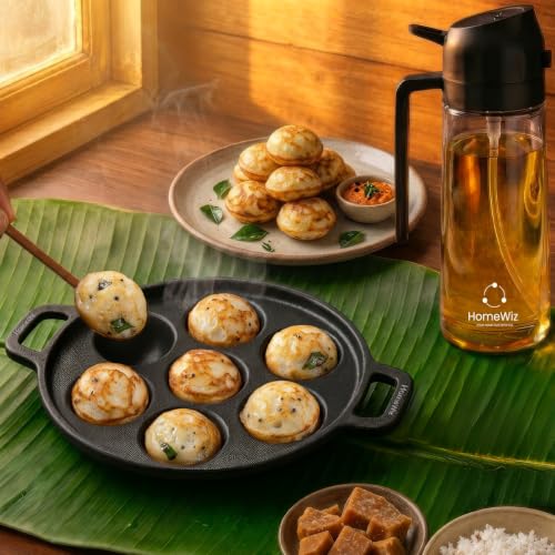 Image of HomeWiz Cast Iron Appe Pan 7 Cavity 18 cm | Free Oil Dispenser 500ml | Pre-Seasoned Appe Maker for Appam, Paniyaram & Appe | Non Stick Appam Pan | Naturally Non-Stick | Works On Induction & Gas