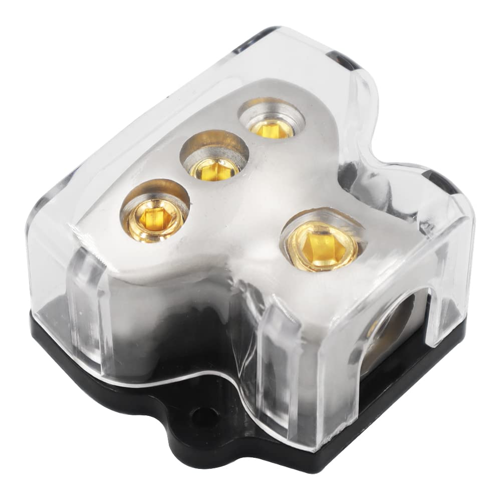 4-Wege-Stromverteilungsblock – 1x 0 GA Eingang, 4x 4 GA Ausgang, Transparentes Gehäuse, Satin-Nickel, Für Auto-Audio