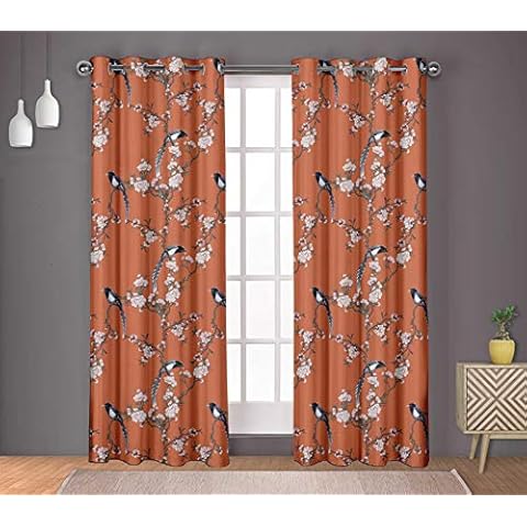 S4Sassy Cotton Duck Blossom & Paradise Whydah Bird Orange 2 Panel Set Decorative Eyelet Curtain Door Treatment- 54x108 Inches Cover