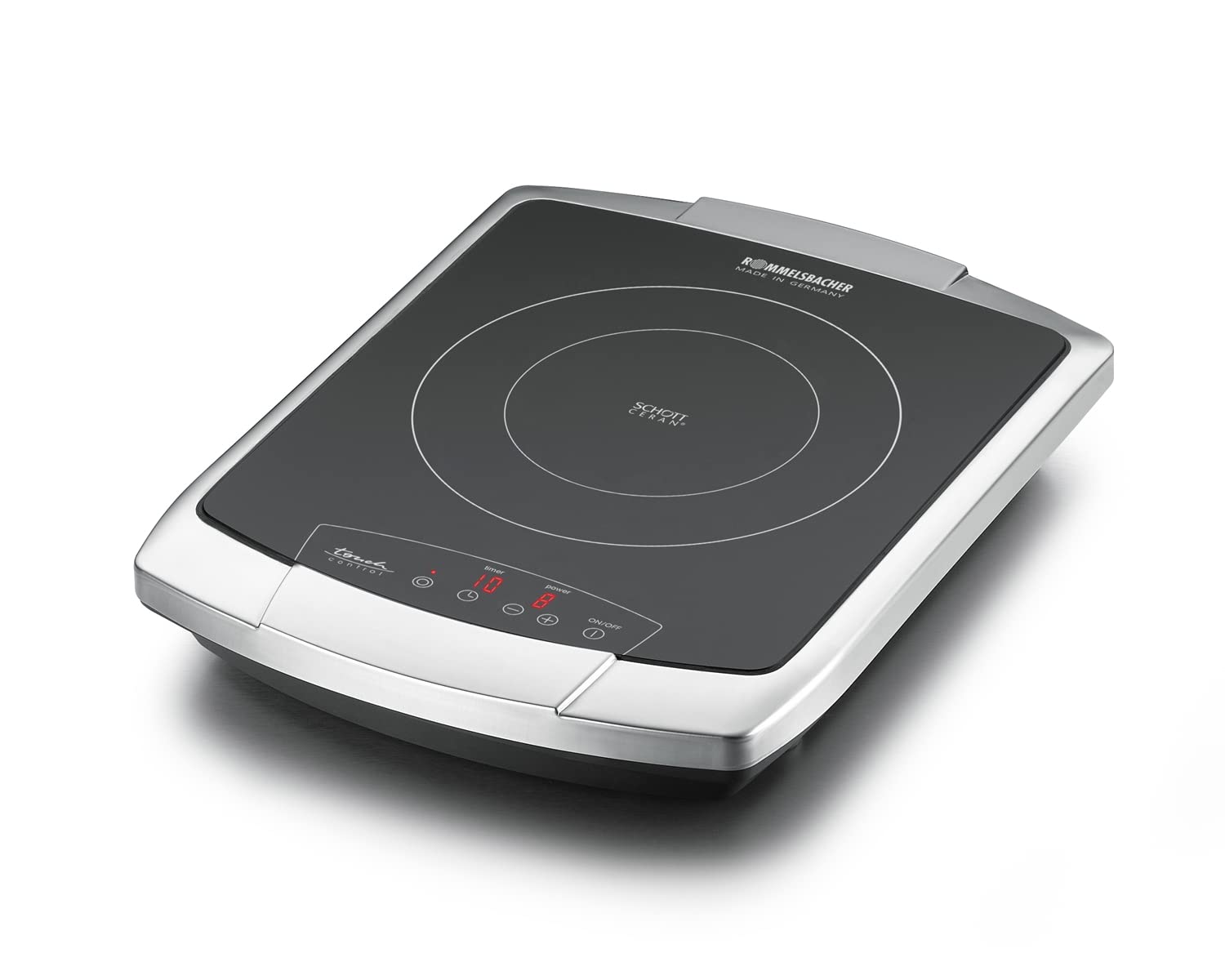 ROMMELSBACHER Pojedyncza płyta CT 2203/TC-TM – Made in Germany Schott Ceran, 2-kołowy element grzejny, oszczędność energii, 9 poziomów mocy, 99 minut, sterowanie dotykowe