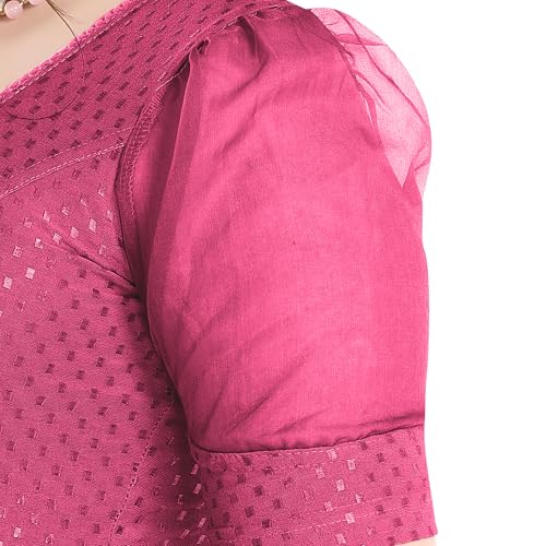Image of FINESTFIT Stay On Trend Fashion 100% Cotton Readymade Blouses for Women,Round Neckline with Organza Balloon Sleeves.