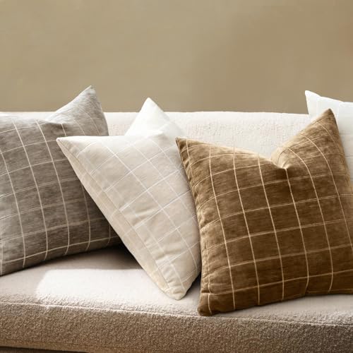 Image of MIULEE Toffee Plaid Decorative Fall Throw Pillow Covers 18x18 Set of 2 | Vintage Check Chenille Couch Pillows Boho Farmhouse Cushion Covers Modern Fall Home Decor for Sofa Bed Living Room