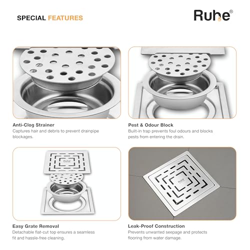 Image of Ruhe Sapphire Square Flat Cut Floor Drain | 304-Grade Stainless Steel with Cockroach Trap (6 x 6 Inches) | Floor Drainer for Bathroom, Balcony