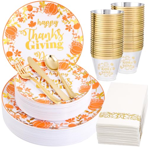 Supernal 175pcs Thanksgiving Plastic Dinnerware Set,Disposable Plates with Gold Plastic Silverware and Cups,Pumpkin and Maple Leaf Design for Thanksgiving Day Party