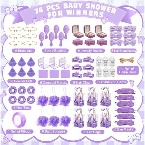 74Pcs Baby Shower Prizes for Game Winners Baby Shower Favors Gifts including Headband Hair Brush Jewelry Box with Gift Bag for Baby Shower Game Prizes Wedding Bridal Shower Favors (Purple)