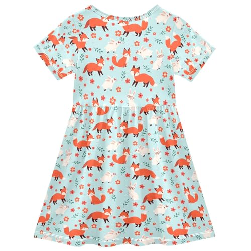 Fox Pattern Girls Short Sleeve Dress Casual A Line Twirly Skater Dresses2