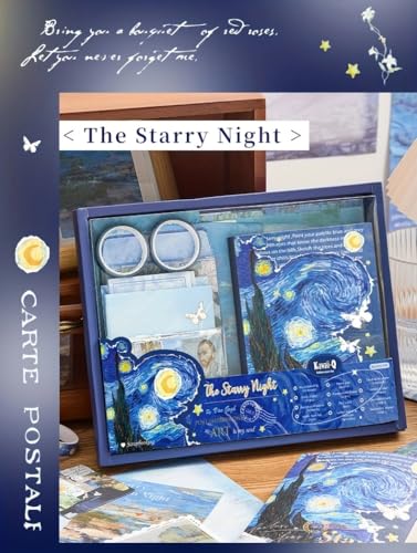 Image of Invite Vintage Oil Painting A6 Grid Notebook for Junk Journal Aesthetic Scrapbook Kit with Scrapbook Stickers Washi Tapes (The Strrry Night-Blue)