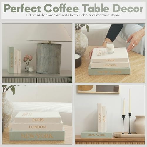 Image of Faux Book Storage Box Set of 3-Green /Beige /Beige-Decorative Faux Books with Hidden Storage for Coffee Table Decor, Bookshelf or Mantle-Linen Decorative Boxes-Aesthetic Book Decor for Home