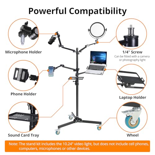 Image of GVM 5-in-1 Movable Live Streaming Floor Stand Kit with Wheels, Overhead Camera Mount with 10 inch LED Key Light /Mic Boom Arm /Tablet Laptop Phone Stand /Tray for Live Broadcast Podcast Video Recording Game