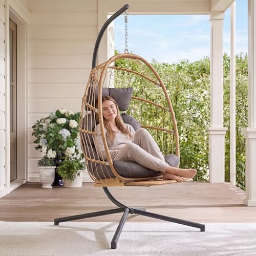 Yechen Hanging Egg Chair with Stand & Footrest, Foldable Wicker Rattan Swing Chair for Indoor Outdoor, Patio Hammock Chair with UV-Resistant Cushion, 350 lbs Capacity for Bedroom Porch Garden