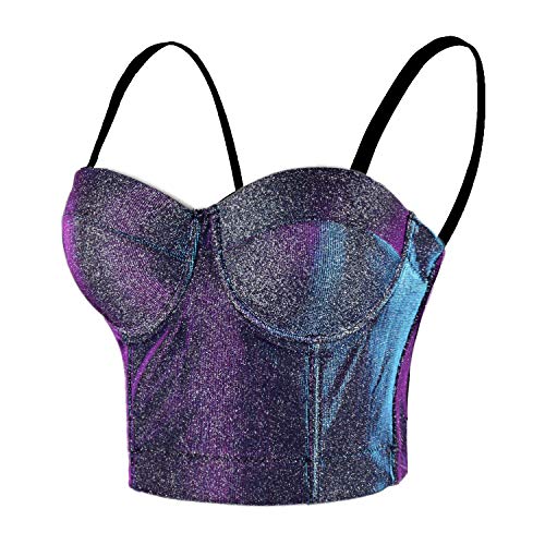 ELLACCI Women's Shiny Bustier Crop Top Sexy Prom Corset Top Bra Gradient Purple Small
