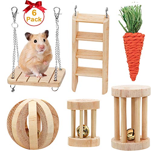 Juego de 6 Campanas de Madera para Columpio, Conejo, hámster, Gato, Perro, Loros, Natural Molar Branches and Grinding Teeth para Artículos