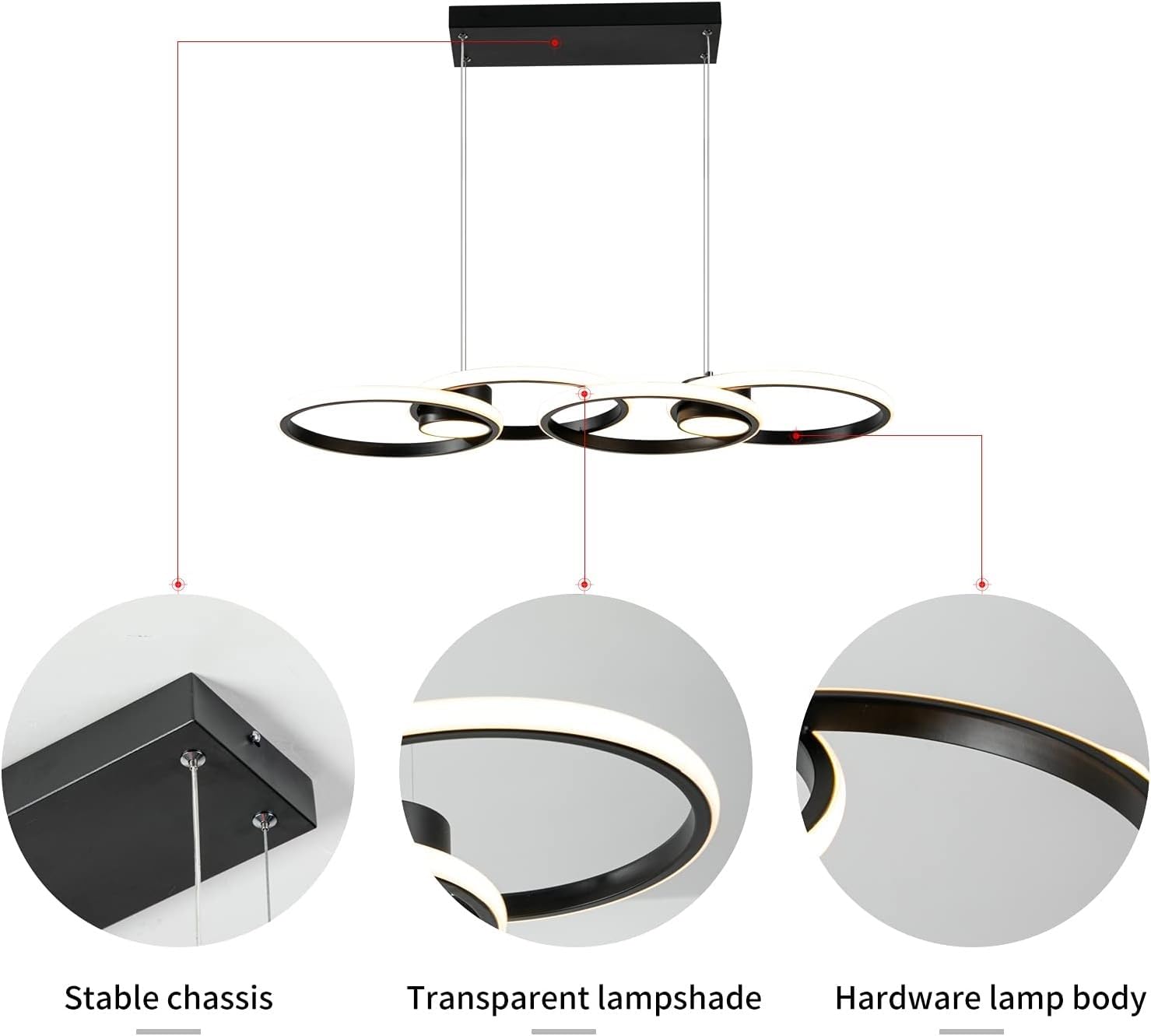 Suspension LED Plafond Moderne Lampe Suspendue En Aluminium Hauteur Réglable 80W Lustre Restaurant Luminaire Dessus De Table Avec Télécommande Gradation Convient Pour Salon Îlot De Cuisine(Blac