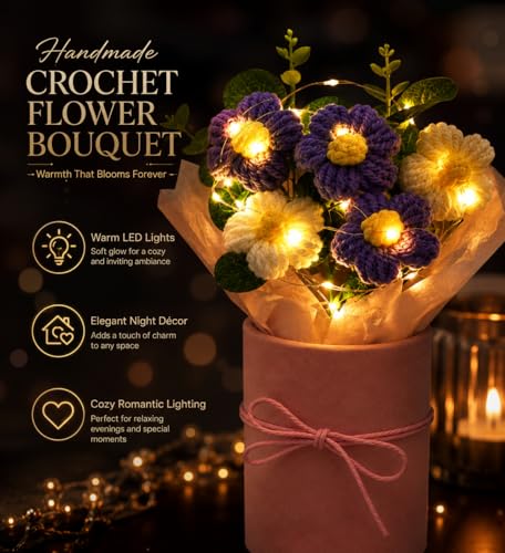 Image of ROKTRY Handmade Crochet Flower Bouquet with LED Fairy Lights - Knitted Yarn Daisy Flowers in Elegant Pink Gift Box for Birthday, Anniversary, Valentine's Day, Wedding, Home Decor (PURPEL)