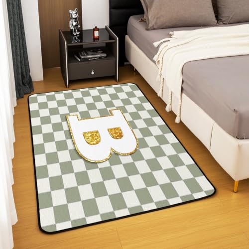 Image of Erosebridal Sage Green Checkered Area Rug 3x5 Plaid Initial B Living Room Rug Non Slip Personalized Monogram Carpet for Bedroom Kitchen Fashion Grids Gingham Indoor Floor Mat Non Slip