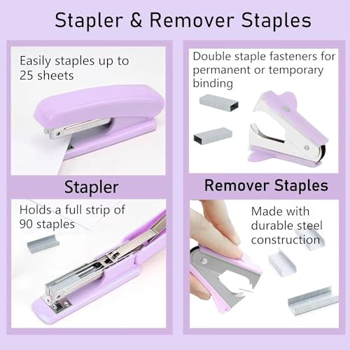 Image of Purple Desk Accessories, Pink Office Supplies Set with Stapler, Tape Dispenser, Staple Remover, Pen Holder, Scissor, Binder /Paper Clips, Ballpoint Pen, Clear Tape and 1000pcs Staples