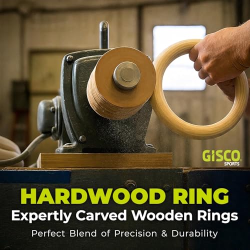 Image of GISCO Wooden Gymnastic Rings | 300 kg Load Capacity | Adjustable Straps with Metal Buckles | Calisthenics & Strength Training for Home Workout (Set of 2)