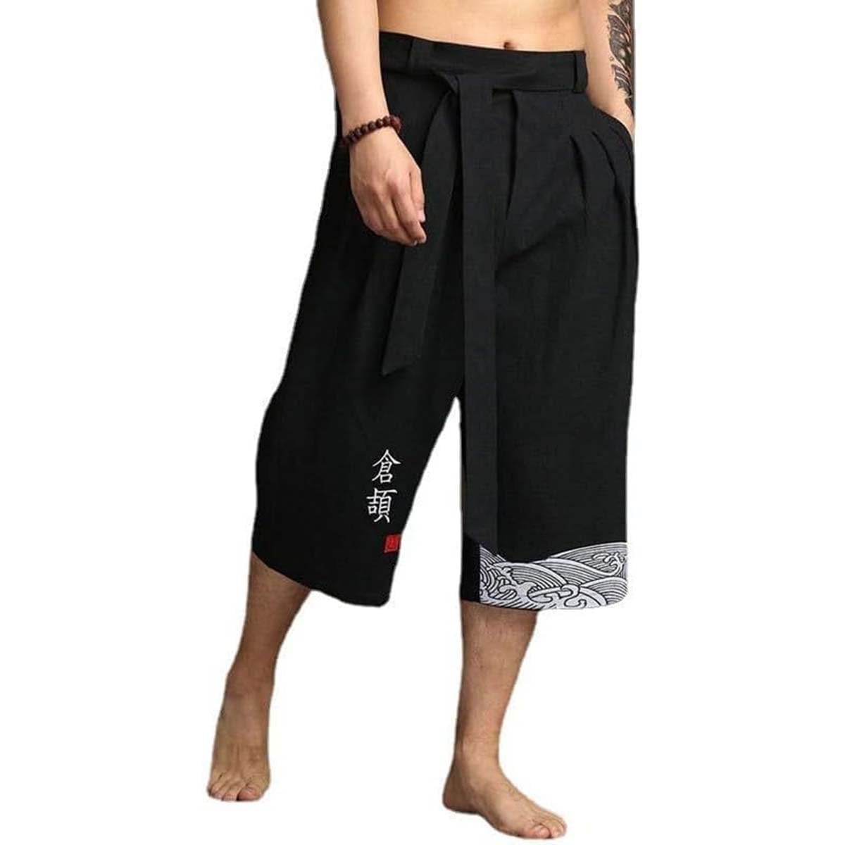 Męskie spodnie kimono 3/4, lniane szorty, lekkie letnie spodnie, odzież azjatycka, tradycyjne japońskie spodnie dresowe, styl japoński (Noir, XXL)