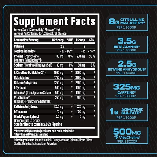 Image of TC Nutrition Batch 27 Pre Workout Powder - 8g Citrulline, 3.5g Beta Alanine, 2.5g Betaine, 325mg Caffeine | Instant Energy, Focus, Pumps, & Strength | Nitric Oxide Booster 20 sv (Blue Slushie)